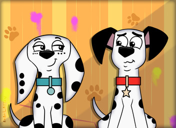 beta_design black_body black_ears black_fur black_nose black_spots blue_collar circle_collar_tag collar collar_tag duo female feral floppy_ears freckled_face freckles fur leg_markings long_ears male markings pink_inner_ear red_collar socks_(marking) spots spotted_body spotted_fur star_collar_tag toony white_body white_fur babclayman 101_dalmatian_street 101_dalmatians disney dolly_(101_dalmatians) dylan_(101_dalmatians) canid canine canis dalmatian domestic_dog mammal 2024 absurd_res hi_res
