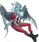 anthro black_body blue_body clothed clothing dessert feathered_wings feathers female food green_tongue grey_hair hair ice_cream licking long_hair long_snout makeup popsicle red_eyes simple_background sitting snout solo tongue tongue_out white_background wings d._(artist) cavemanon_studios goodbye_volcano_high snoot_game fang_(gvh) tusk_(snoot_game) dinosaur prehistoric_species pterodactylus pterosaur reptile scalie