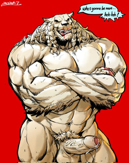 abs anthro balls biceps blood bodily_fluids crossed_arms cum fur genital_fluids genitals male muscular muscular_anthro muscular_male pecs penis red_background simple_background solo text vein veiny_penis white_body white_fur squarerat3 image_comics invincible_(image_comics) thokk_(invincible) alien dornian felid lion mammal pantherine english_text hi_res