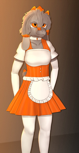 anthro apron armwear clothed clothing crossdressing dress elbow_gloves floppy_ears fur gloves grey_body grey_fur handwear horn legwear male orange_clothing orange_dress orange_eyes orange_horn solo tail thigh_highs white_armwear white_clothing white_elbow_gloves white_gloves white_handwear white_legwear white_thigh_highs conditional_dnp gusta gusta_(gusta) bovid caprine goat mammal hi_res