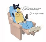 alcohol anthro areola armpit_hair bedroom_eyes beer belly beverage biceps bodily_fluids body_hair bottle bulge chair chest_hair clothed clothing container dialogue eyebrows facial_hair footwear furniture hand_behind_head holding_beverage holding_bottle holding_container holding_object inviting jockstrap leg_hair looking_at_viewer male mature_anthro mature_male musclegut muscular muscular_anthro muscular_male musk musk_clouds narrowed_eyes nipples one_eye_closed pecs real seductive sitting smile socks solo stubble sweat talking_to_viewer text topless topless_anthro topless_male underwear stinkdierr bluey_(series) bandit_heeler australian_cattle_dog canid canine canis cattledog domestic_dog herding_dog mammal pastoral_dog 2025 english_text hi_res