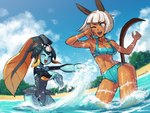 beach blue_body blue_eyes blue_skin bob_cut breasts clothed clothing dark_body dark_skin detailed_background duo eyes_closed female hair happy one_eye_closed outside playing sand scar seaside sky splash swimwear water white_hair kinuko skullgirls minette nadia_fortune animal_humanoid cat_humanoid dagonian domestic_cat felid felid_humanoid feline feline_humanoid felis fish human humanoid mammal mammal_humanoid marine 2015 4:3 absurd_res hi_res