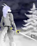 armor blue_eyes eyewear frost glasses hair horn long_hair male melee_weapon painting plant plate_armor scales snow snowing solo sword tail tree weapon white_body white_hair white_scales frostedscales mythology frost_(frostedscales) dragon mythological_creature mythological_scalie scalie 4:5