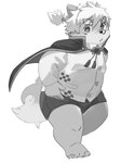 anthro asian_clothing barefoot blush bottomwear bulge cape clothing east_asian_clothing eyebrows feet fluffy fluffy_tail hair japanese_clothing looking_at_viewer male ponytail shorts slightly_chubby solo tail thick_eyebrows young zimsanada2 lifewonders tokyo_afterschool_summoners masashi_(tas) canid canine canis domestic_dog mammal 3:4 monochrome