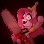 blue_eyes chainsaw clothing clown clown_makeup clown_nose female feral hat headgear headwear looking_at_viewer party_hat power_tool red_background sharp_teeth simple_background solo teeth tools thewandie cupcakes_(mlp_fanfic) friendship_is_magic hasbro my_little_pony pinkie_pie_(mlp) earth_pony equid equine horse mammal pony red_theme