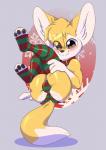 2018 absurd_res anthro black_nose blush bulge butt canid canine christmas clothed clothing collar crossdressing digital_drawing_(artwork) digital_media_(artwork) femboy fennec_fox fox fur hair hi_res holidays legs_up legwear looking_at_viewer male mammal panties simple_background smile solo stockings thigh_highs true_fox underwear ziggy_fox ziggy_fox_(character)