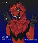 anthro black_markings black_tongue claws fingers fur hair hair_over_eye horn male markings one_eye_obstructed paws red_body red_fur snout solo teeth tongue yellow_eyes dinosaurpills alex_mayhem canid canine demon fox hybrid mammal procyonid raccoon hi_res