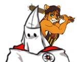 anthro anti_fascist antifa baseball_bat bat_(object) capirote clothing duo facial_hair headgear headwear ku_klux_klan male muscular politics white_clothing white_headwear chinchilladas griffon_(griffongrizzly) bear brown_bear grizzly_bear mammal ursine compression_artifacts lol_comments