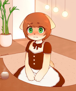 ambiguous_gender anthro apron blush brown_body brown_hair carpet choker clothing container cup detailed_background door dress green_eyes hair jewelry lamp looking_at_viewer mug necklace plant plant_pot potted_plant ribbons solo tail white_apron white_clothing nekoamai toaster_(toaster98) canid canine canis domestic_dog herding_dog mammal pastoral_dog welsh_corgi 2022 digital_media_(artwork) hi_res male_(lore)