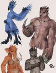 5_fingers anthro avian_feet beak biceps big_ears biped black_beak black_body black_claws black_feathers black_nose blue_body blue_eyes blue_feathers blue_wings bra breasts brown_body brown_fur brown_nose claws clothed clothing collarbone digitigrade feathered_crest feathered_wings feathers featureless_breasts featureless_crotch feet female fingers fist footprint front_view fur grey_background grey_body grey_claws grey_fur group hair hand_on_hip head_crest humanoid_hands long_claws male medium_breasts midriff mohawk multicolored_body multicolored_feathers muscular muscular_male navel non-mammal_breasts nude orange_body orange_eyes orange_fur orange_hair panties pawprint pecs raised_arm scutes simple_background small_breasts smile snout tail tail_feathers talons toe_claws toes trunk tusks two_tone_body two_tone_feathers underwear winged_arms wings thumbclawz spessartine_(thumbclawz) zultan_(thumbclawz) avian bird cariamiform columbian_mammoth elephantid giant_ground_sloth ground_sloth hyaenodon hyaenodontid mammal mammoth phorusrhacos pilosan prehistoric_species proboscidean sloth terror_bird xenarthran 2009 digital_media_(artwork) digital_painting_(artwork) full-length_portrait half-length_portrait portrait