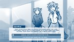 2020 7:4 adobe_photoshop_(artwork) anthro bottomwear canid canine clothing conditional_dnp dating_sim dialogue digital_media_(artwork) duo english_text felid female fox fur furgonomics hi_res hoodie hybrid inside kathrin_vaughan keidran laura_(twokinds) looking_at_viewer mammal markings monochrome pantherine red_fox school_uniform sketch skirt smile spots spotted_body spotted_fur tail tail_through_skirt text tom_fischbach topwear true_fox twokinds uniform user_interface window