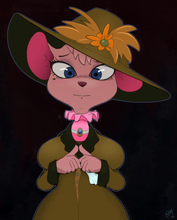 anthro big_breasts blush breasts clothed clothing crooked_smile female headgear headwear holding_breast jewelry markings mole_(marking) nervous nervous_smile simple_background solo billmurray disney the_great_mouse_detective lady_mouse house_mouse mammal mouse murid murine rodent absurd_res hi_res