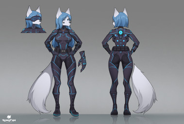anthro blue_eyes blue_hair clothed clothed_anthro clothed_female clothing collar eyewear female fluffy fully_clothed fully_clothed_anthro fully_clothed_female fur glasses hair simple_background solo standing technology wearing_glasses white_body white_fur sonofan canid canine fox mammal absurd_res hi_res
