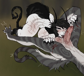 alternative_fashion anthro balls bedroom_eyes bite_mark blood blush bodily_fluids breasts clawing cock_and_ball_torture dominant dominant_female duo emo fellatio female genital_fluids genital_torture genitals licking male male/female motion_lines narrowed_eyes oral outside penile penis penis_lick precum pubes scar seductive self-harm_scars sex spread_legs spreading submissive submissive_male thick_thighs tongue vein veiny_penis wounded canines_x3 sebastian_(canines_x3) tristan_(canines_x3) mammal hi_res