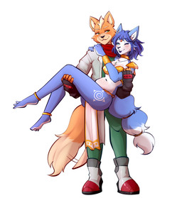3_toes anthro barefoot blue_body blue_eyes blue_fur blue_hair blush boots bottomwear breasts bridal_carry canon_couple carrying_another cleavage clothed clothing countershade_feet countershading curling_toes duo feet female fluffy fluffy_tail footwear forehead_gem fur gem green_eyes hair jewelry leg_tattoo loincloth looking_at_another male male/female motion_lines necklace plantigrade scarf shoes smile spread_toes tail tattoo thigh_tattoo toes white_body white_fur zevulpes nintendo star_fox fox_mccloud krystal_(star_fox) canid canine fox mammal hi_res