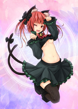 2_tails :d absolute_territory accessory bare_shoulders bell black_clothing black_legwear bottomwear bow_(feature) bow_accessory bow_ribbon braided_hair breasts cat_tail clothed clothing fangs female furgonomics hair legwear looking_at_viewer midriff multi_tail navel one_eye_closed open_mouth paw_pose pigtails pose red_eyes red_hair ribbons skirt smile solo tail tail_accessory tail_bow tail_ribbon teeth thigh_highs twin_braids under_boob wink maru-pen touhou rin_kaenbyou animal_humanoid cat_humanoid felid felid_humanoid feline feline_humanoid humanoid mammal mammal_humanoid hi_res