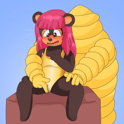adult_on_young age_difference anthro blue_background bodily_fluids brown_body brown_fur camel_toe clitoral clitoral_rubbing clothed clothing duo female fur genital_fluids golden_clothing golden_swimwear hair male male/female markings one-piece_swimsuit open_mouth orange_markings pink_hair platform rubbing simple_background sitting spread_legs spreading swimwear vaginal_fluids yellow_body young young_female marshmallowpuke golden_week ambiguous_species animate_inanimate bear black_bear humanoid mammal moon_bear ursine digital_media_(artwork) hi_res