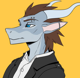 animated_gif anthro barbell_piercing blue_eyes brown_hair ear_piercing ear_ring eyebrow_piercing eyebrows eyelashes facial_piercing hair horn looking_at_viewer male piercing ring_piercing sharp_teeth smile smirk solo teeth twisted_horns drmax mythology dragon mythological_creature mythological_scalie scalie 2020 animated digital_media_(artwork) headshot_portrait portrait short_playtime