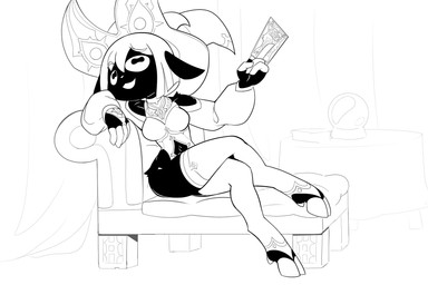 anthro black_body black_fur card clothing crossed_legs female fortune_teller fur furniture hat headgear headwear holding_object hooves horizontal_pupils horn legwear pupils relaxed_expression sitting sofa solo tarot tarot_card thigh_highs yinigma amara_(axedraws) bovid caprine goat mammal 3:2 black_and_white hi_res monochrome