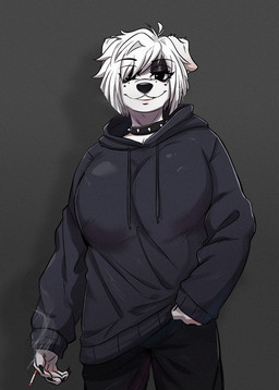 anthro big_breasts black_eyes bottomwear breasts choker cigarette clothing collar female fur hair hoodie jewelry necklace oversized_clothing pants smoking solo sweatpants topwear white_body white_fur white_hair haruk000 stasya_(yeon_0001) canid canine canis dalmatian domestic_dog mammal hi_res