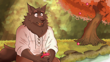 clothed clothing eye_scar eyebrows facial_scar fluffy hair inner_ear_fluff male mane mane_hair scar sitting solo sparkles tail tuft wide_eyed kaleumink lyre_(visual_novel) lyall_(lyre) canid canine canis mammal wolf hi_res