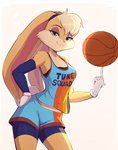 anthro ball basketball_(ball) basketball_uniform blonde_hair bottomwear buckteeth clothed clothing cotton_tail female hair lidded_eyes looking_at_viewer shirt shorts simple_background solo sport sportswear tank_top teeth text text_on_clothing text_on_shirt text_on_tank_top text_on_topwear topwear tune_squad_outfit tune_squad_outfit_(2021) uniform white_background evomanaphy looney_tunes space_jam space_jam:_a_new_legacy warner_brothers lola_bunny lagomorph leporid mammal rabbit 2021 english_text hi_res