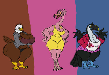 anthro beak belly belly_overhang big_breasts big_butt black_body black_clothing black_panties black_underwear blue_sclera bottomwear breasts brown_body brown_clothing brown_shirt brown_tank_top brown_topwear butt cleavage clothed clothing dress feathers feet female floral_print fur grey_clothing grey_sweater grey_topwear group half-closed_eyes happy huge_breasts huge_butt multicolored_body multicolored_fur narrowed_eyes navel non-mammal_breasts non-mammal_navel open_beak open_mouth orange_sclera overweight overweight_anthro overweight_female panties pink_body pink_bottomwear pink_clothing pink_shorts shirt shorts slightly_chubby slightly_chubby_anthro slightly_chubby_female smile standing sweater tail tail_feathers talons tank_top thick_thighs toes topwear trio two_tone_body two_tone_fur underwear white_body wide_hips winged_arms wings yellow_clothing yellow_dress yellow_sclera nauiho anosia indesica simela accipitrid accipitriform avian bald_eagle bird eagle flamingo sea_eagle toucan digital_drawing_(artwork) digital_media_(artwork) hi_res