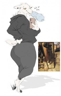 anthro big_butt bottom_heavy bottomwear butt chin_tuft clothing curved_horn facial_tuft hair hoodie hooves horizontal_pupils horn huge_butt male pants pear-shaped_figure pupils sharp_teeth simple_background solo teeth thick_thighs topwear tuft white_background white_hair wide_hips yoga_pants dullvivid kane_(dullvivid) bovid caprine goat mammal hi_res nonbinary_(lore)