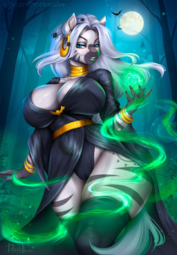 anthro big_breasts blue_eyes bracelet breasts camel_toe cleavage clothed clothing cutie_mark dress ear_piercing eyebrows female forest full_moon glowing green_glow green_magic hair jewelry legwear long_hair looking_at_viewer magic moon neck_ring piercing plant solo stockings striped_body stripes thick_thighs tree white_hair ashimaroo friendship_is_magic hasbro my_little_pony zecora_(mlp) arachnid arthropod bat equid equine mammal spider zebra hi_res