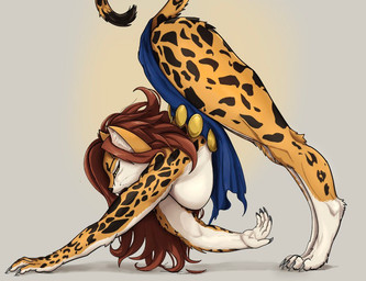 anthro ass_up athletic athletic_female big_breasts big_butt bottomwear breasts butt cat_stretch claws clothing digitigrade female flexible fur hanging_breasts inner_ear_fluff loincloth long_legs markings multicolored_body multicolored_fur orange_body solo spots spotted_body stretching thick_thighs tuft two_tone_body two_tone_fur white_body white_fur limas bleach_(series) cheetah_(dc) yoruichi_shihoin cheetah felid feline mammal monochrome