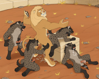 anal anal_penetration anthro arena audience balls black_hair black_nose blonde_mane bodily_fluids brown_body brown_fur butt cum cum_from_mouth cum_in_mouth cum_inside erection eyes_closed fur genital_fluids genitals glans group hair male male/male mane markings nude pawpads penetration penile penile_penetration penis penis_in_ass sex size_difference smaller_penetrated spots spotted_body spotted_fur tail tan_body tan_fur tongue tongue_out vein veiny_penis jishinu felid hyena lion mammal pantherine spotted_hyena 5:4 hi_res