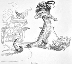 ambiguous_gender anthro car clothing detached_tail exhaust female group hat hat_feather headgear headwear looking_back loose_feather nude_anthro open_mouth parasol solo_focus text trio vehicle wounded heinrich_kley ambiguous_species crocodile crocodilian reptile scalie 1910 20th_century ancient_art black_and_white monochrome