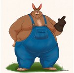 anthro belly big_belly brown_body clothing humanoid_hands male moobs nipples obese obese_male overalls overweight overweight_male solo shibadoodles lagomorph leporid mammal rabbit 2023 hi_res