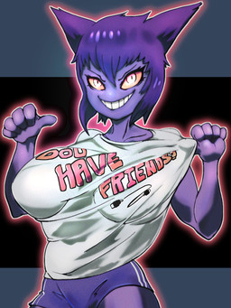 anthro biped bottomwear breasts clothing eyelashes female gesture hand_gesture pointing pointing_at_self purple_body shirt shorts simple_background smile solo t-shirt topwear pepper_gomashio nintendo pokemon generation_1_pokemon gengar pokemon_(species) 3:4 hi_res
