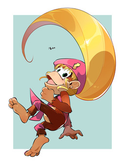 3_toes 4_fingers barefoot blonde_hair bottomless brown_body brown_fur clothed clothing feet female fingers fur hair long_hair open_mouth open_smile shirt simple_background smile soles solo toes tongue topwear mu_963 donkey_kong_(series) nintendo dixie_kong haplorhine mammal monkey primate 2021 hi_res