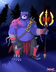 anthro belly big_belly blue_body bottomwear clothing detailed_background eye_patch eyewear humanoid_hands kemono loincloth male moobs night nipples outside overweight overweight_male plant scar solo tree weapon mtflying30371 bear mammal 2017 hi_res