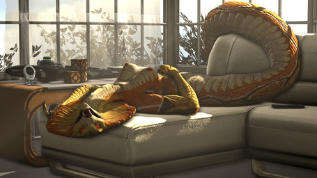 anthro apode breasts controller female furniture legless looking_at_viewer lounging lying nipples non-mammal_breasts nude on_back pose red_eyes remote_control scales seductive serpentine snake_hood sofa solo tail ventral_scales margevonn x-com draconcopode naga reptile scalie snake viper_(x-com) 16:9 3d_(artwork) digital_media_(artwork) hi_res pinup widescreen