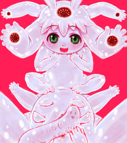 5_fingers ambiguous_gender anthro duo female feral fingers green_eyes loli multi_limb open_mouth pink_background simple_background tentacles what white_body young unyah 4n-sama shokushu-chan_(4n) flatworm tentacle_creature worm low_res