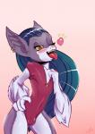 anthro bulge clothing femboy hair heart_symbol kissing long_hair male simple_background solo swimwear tongue tongue_out myles.engel bat mammal vampire hi_res