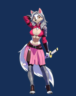 anthro armor breasts cleavage clothed clothing female fur grey_hair hair holding_katana holding_melee_weapon holding_object holding_sword holding_weapon katana long_hair looking_at_viewer melee_weapon navel pose solo sword text weapon white_body white_fur arcteuz canid canine canis mammal wolf absurd_res alpha_channel character_name digital_drawing_(artwork) digital_media_(artwork) hi_res pinup