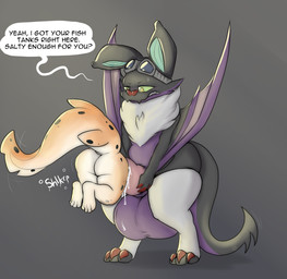 ambiguous_gender anthro bodily_fluids cock_vore cum duo genital_fluids genitals male male/ambiguous penile penis text vore azserfy nintendo pokemon smoivern aquatic fish generation_6_pokemon noivern pokemon_(species) shark english_text hi_res