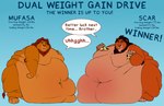 anthro belly big_belly dialogue disney duo english_text felid food lion male male/male mammal moobs morbidly_obese mufasa obese overweight pantherine pizza scar_(the_lion_king) shikakaka text the_lion_king weight_gain weight_gain_drive