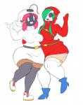 belt boots breasts clothing duo female footwear fuse green_hair hair legwear mask not_furry open_mouth overweight pink_hair shoes simple_background slightly_chubby smile stockings thick_thighs wearing_mask wide_hips mataknight outta_sync mario_bros nintendo shy-bomb bob-omb bomb_humanoid humanoid living_bomb shyguy digital_media_(artwork) hi_res source_request