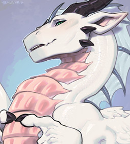 ambiguous_gender black_claws black_horn claws feral green_eyes horn pink_body pink_scales scales solo ventral_scales white_body white_scales zhulya_(artist) mythology dragon mythological_creature mythological_scalie scalie bust_portrait hi_res portrait male_(lore)