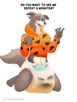 anthro big_diaper bodily_fluids brown_body brown_fur clothing dialogue diaper fangs female fur genital_fluids holidays hoodie looking_at_viewer navel peed peeing peeing_on_self purple_eyes solo teeth text tongue tongue_out topwear unclean_diaper urine urine_on_self used_diaper using_diaper wet_diaper wetting wetting_diaper paddedvulpine beastars halloween juno_(beastars) canid canine canis mammal wolf 3:4 english_text hi_res
