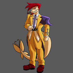 5_fingers anthro beard big_tail black_eyes business_suit clothing cosplay eyewear facial_hair fingers grey_background hair long_tail looking_at_viewer male monocle mustache necktie red_hair scales sharp_teeth short_hair simple_background smile smoking_pipe snout solo suit tail tan_body tan_scales teeth jauntyweb arc_system_works cavemanon_studios guilty_gear snoot_game slayer_(guilty_gear) taxi_driver_(snoot_game) dinosaur prehistoric_species reptile scalie 2024 absurd_res digital_drawing_(artwork) digital_media_(artwork) hi_res