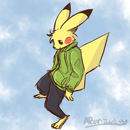 ambiguous_gender anthro barefoot brown_eyes clothed clothing feet fluffy head_tuft looking_at_viewer male red_cheeks smile smiling_at_viewer solo standing tuft abonzabay nintendo pokemon generation_1_pokemon pikachu pokemon_(species)