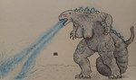 anthro atomic_breath breasts breath_powers crossgender female genitals glowing glowing_eyes mtf_crossgender nipples non-mammal_breasts non-mammal_nipples nude pussy simple_background solo benzoit godzilla_(series) toho godzilla kaiju scalie hi_res traditional_media_(artwork)