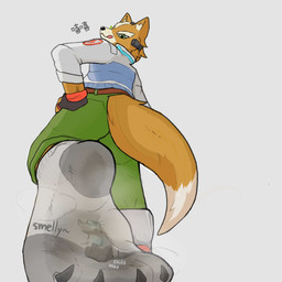4_toes anthro barefoot black_pawpads bodily_fluids bound clothed clothing countershading dirty dominant duo extreme_size_difference feet fingerless_gloves foot_fetish foot_focus foot_play foot_sniffing footwear fur gloves green_clothing green_eyes grey_body handwear inside_clothing inside_sock insole larger_male looking_back low-angle_view machine macro male male/male male_anthro micro multicolored_body multicolored_fur musk orange_body orange_fur pawpads paws plantigrade pointy_ears simple_background size_difference smaller_male smelly smelly_feet sniffing sock_fetish soles stomping stuck_to_foot tail tan_body tan_fur text toes topwear trapped_in_clothing trapped_in_sock two_tone_body two_tone_fur underfoot white_body lyeponstan nintendo star_fox fox_mccloud wolf_o'donnell canid canine canis fox mammal wolf 1:1 absurd_res hi_res korean_text