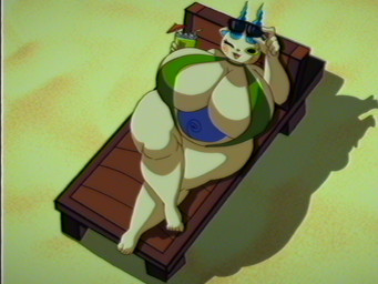 anthro beach beach_chair belly beverage big_breasts bikini bird's-eye_view blue_belly blue_fire breasts clothing colored_fire crossgender detailed_background eyelashes eyewear eyewear_on_head female fire green_bikini green_clothing green_eyes green_swimwear high-angle_view huge_breasts markings navel one-piece_swimsuit one_eye_closed open_mouth overweight overweight_female retro_anime_style sand shadow sling_bikini solo sunglasses sunglasses_on_head swimwear thick_thighs two-piece_swimsuit umbrella_drink wearing_sunglasses white_body lueduar asian_mythology east_asian_mythology japanese_mythology level-5 mythology yo-kai_watch komasan canid canine foo_dog komainu mammal spirit yokai 4:3 hi_res